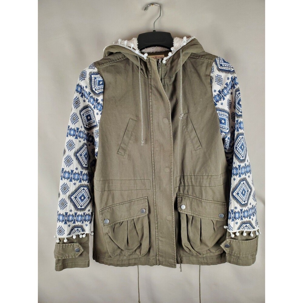 Altar’d State Utility Jacket Sherpa Hood Military Green Aztec Western Print Sz M